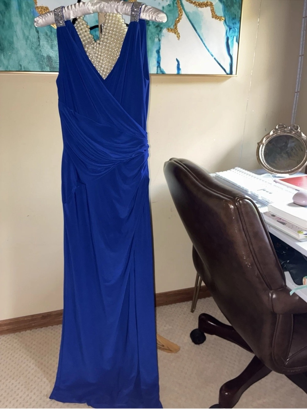 Lauren Ralph Lauren Blue Evening Gown Size 4 Rhinestone Strap Ruched Maxi Formal